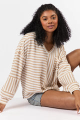 All For Sun Tan and Ivory Striped Knit V-Neck Long Sleeve Tee