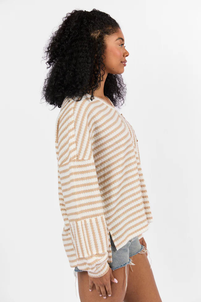 All For Sun Tan and Ivory Striped Knit V-Neck Long Sleeve Tee