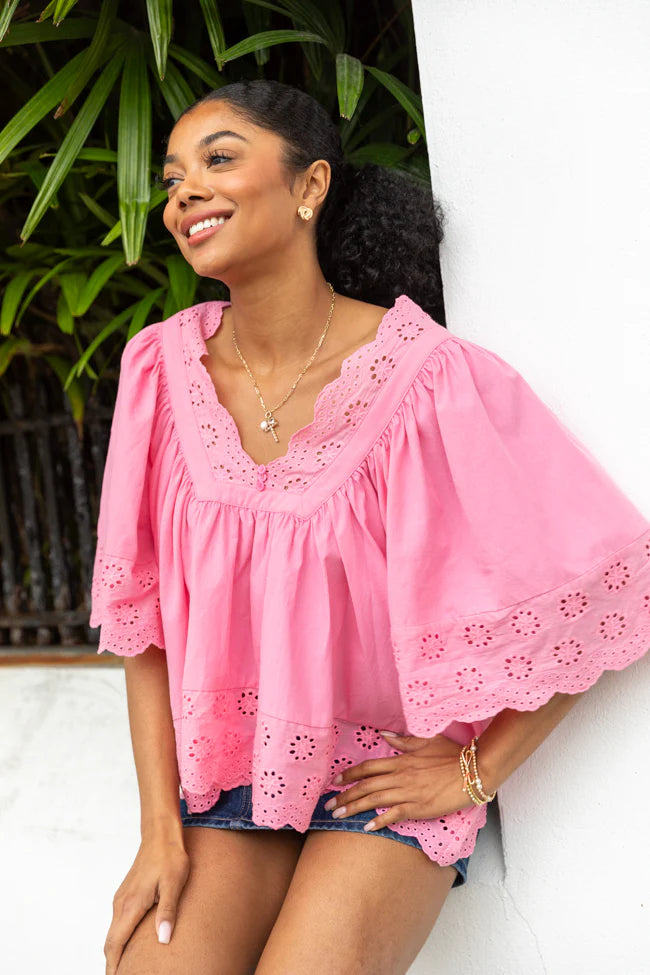 No Regrets Pink Eyelet Detail Popover Short Sleeve Blouse