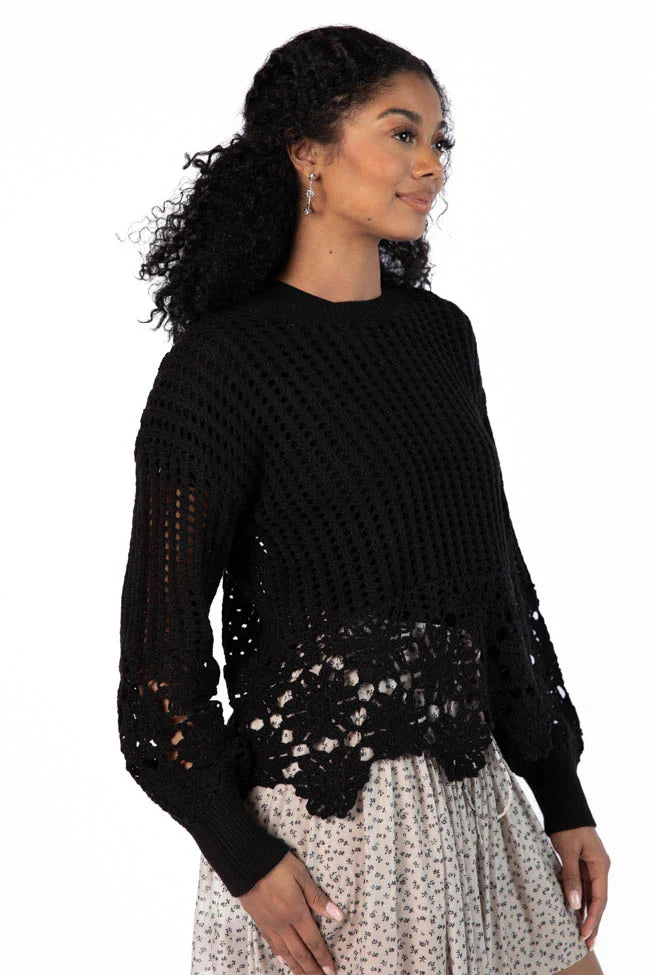 A Little Dramatic Black Flower Trim Crochet Sweater