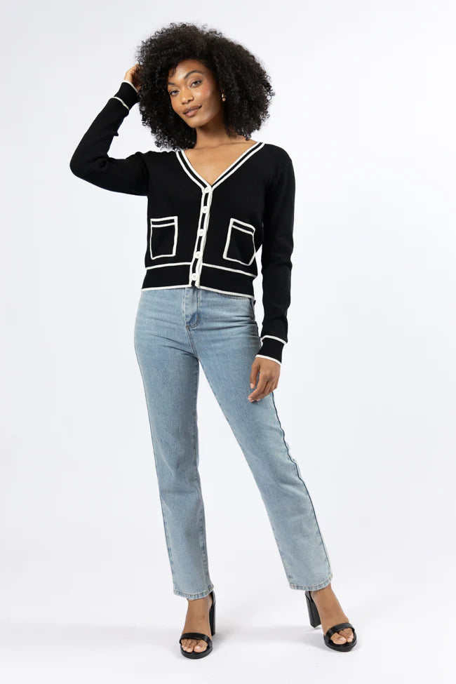 Gives Me Time Black and Ivory Contrast Trim Cardigan