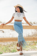 Clover Fields Blue Fringe Hem Knit Maxi Skirt SALE