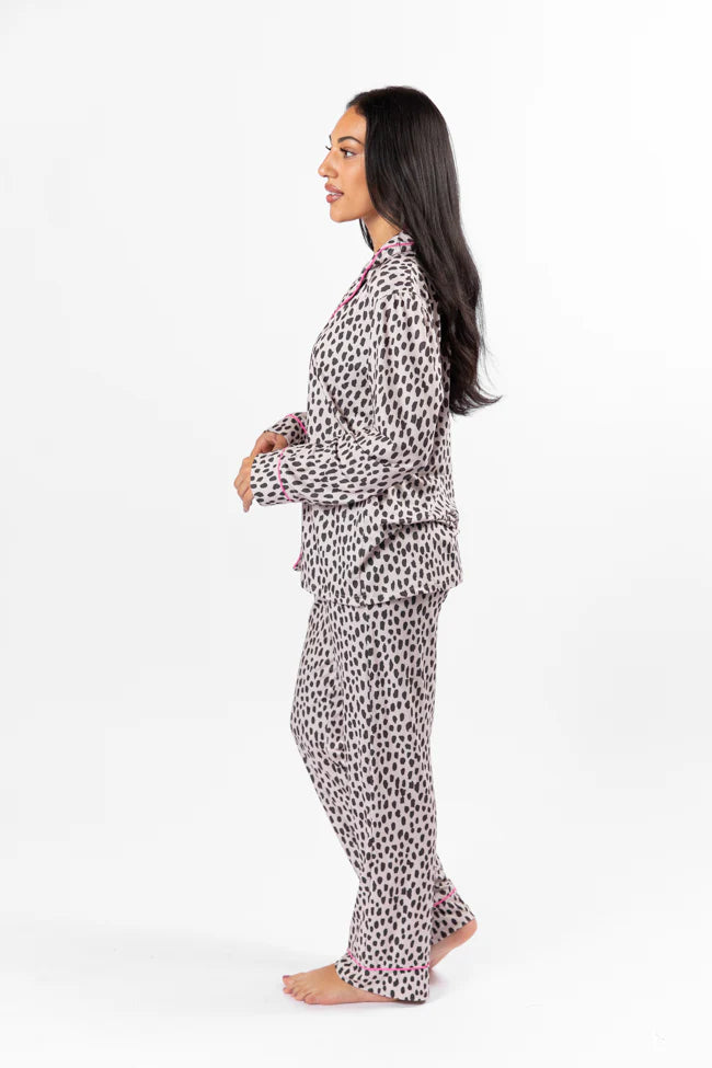 On A Cloud In Spotted Black and Tan Plush Knit Pajama Set