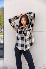 Wind Down Black and Tan Fleece Plaid Shacket