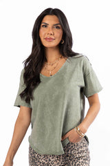 Tell Me About It Olive Acid Wash Scoop Neck Tee