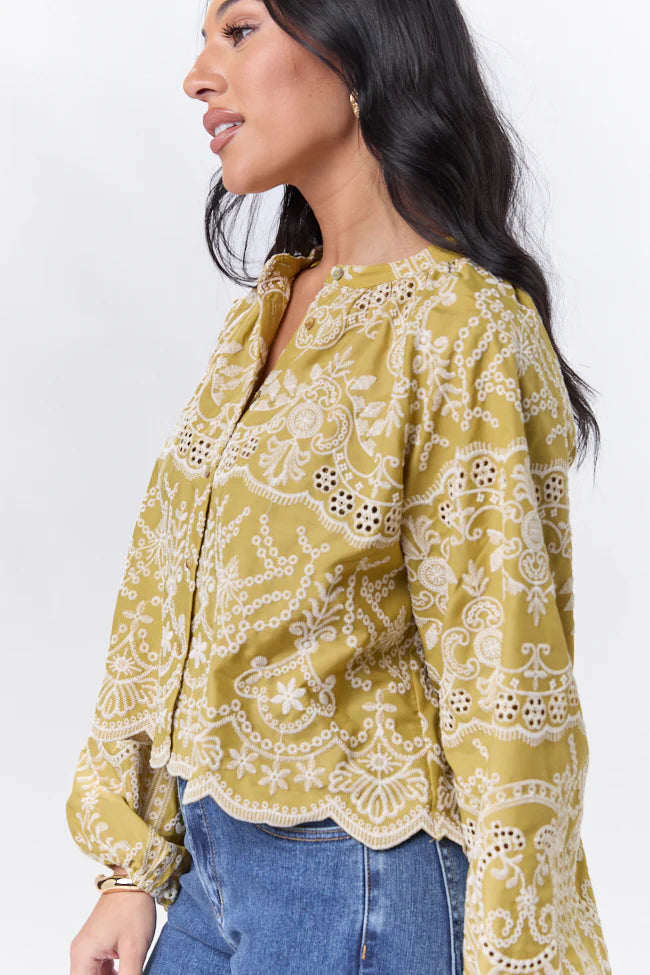 Downtown Delight Chartreuse Embroidered Blouse