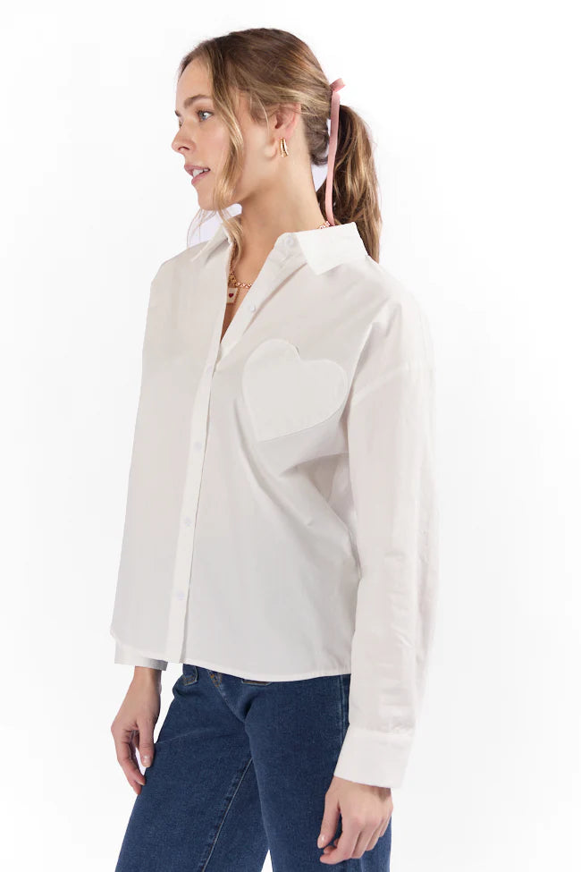 All My Love Heart Pocket Ivory Button Down Blouse