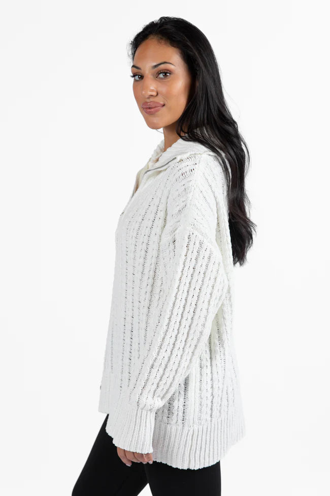 Forever Yours White Cable Knit Chenille Quarter Zip Sweater SALE