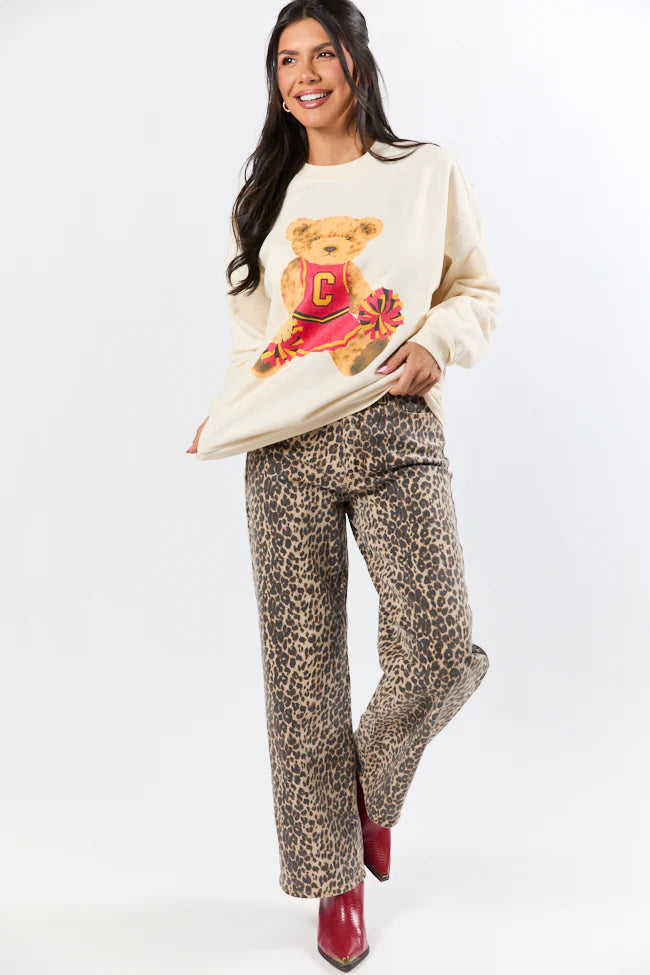 Vintage Red and Gold Cheer Teddy Bear Cream Oversized Graphic Sweatshirt