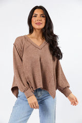 Never Say Never Mocha Ribbed Knit V-Neck Long Sleeve Top