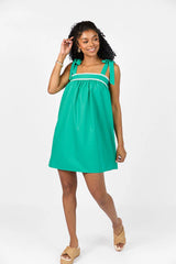 Better This Way Green Tie Shoulder Stitched Trim Mini Dress