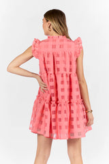 On The Line Coral Ruffle Shoulder Textured Mini Dress