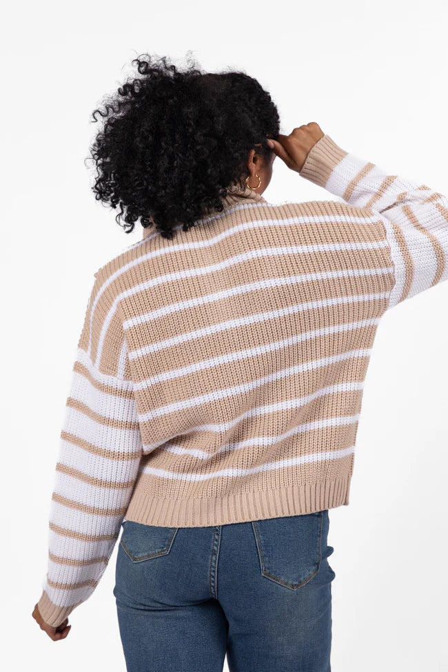 Worth Melting For Beige Striped Color Block Quarter Zip Pullover Sweater