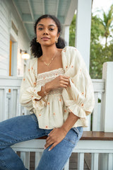 Darling Days Ivory and Pink Floral Embroidered Gauze Top