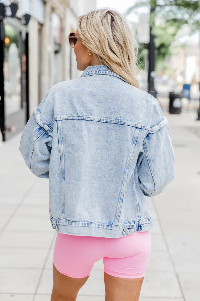 My Love Story Oversized Ruffle Detail Acid Wash Denim Jacket FINAL SALE