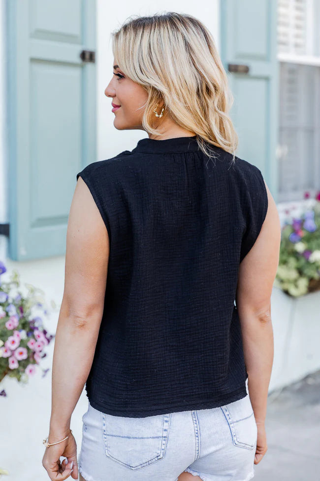 Making Me Blush Black Gauze Notched Neck Tank FINAL SALE