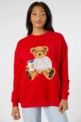 Vintage Teddy Bear Heart Sweater Red Oversized Graphic Sweatshirt