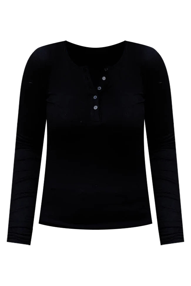 All The Better Black Ribbed Knit Henley Long Sleeve Tee