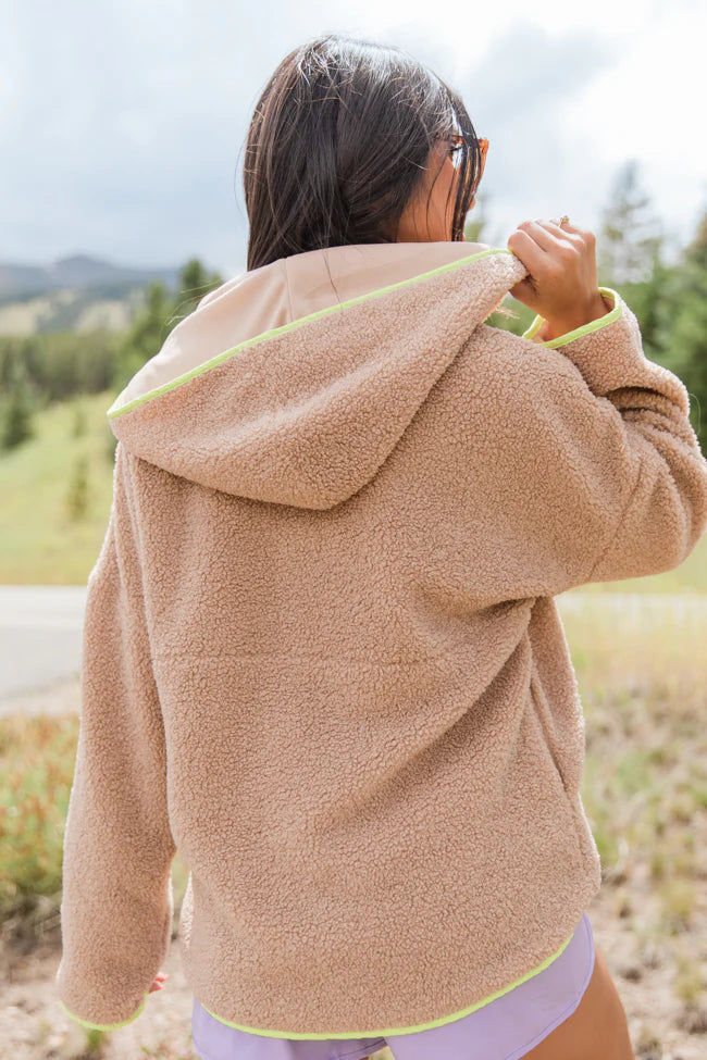 My Go To Taupe and Lime Sherpa Quarter Zip Hooded Pullover SALE