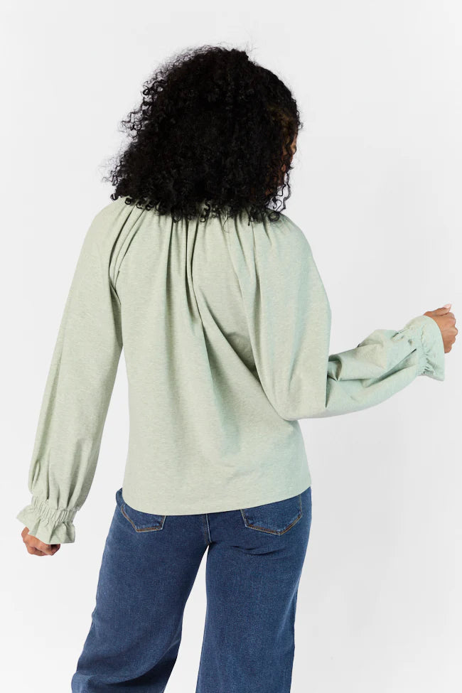 Simply You Sage Knit Notched Neck Long Sleeve Blouse