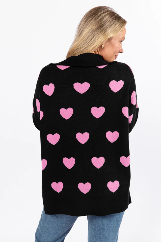 Pulling Heartstrings Black and Pink Heart Print Quarter Zip Pullover FINAL SALE