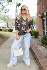 Keep You Around Olive and Pink Floral V-neck Sweater SALE