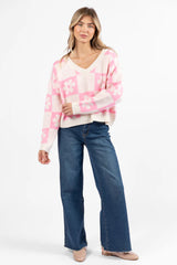 Found A New Way Pink V-Neck Checkered Flower Sweater SALE