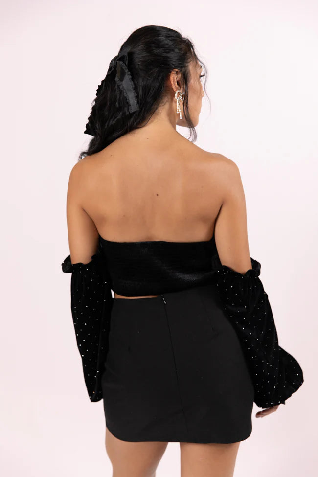 Brightest Star Black Off The Shoulder Rhinestone Studded Velvet Top FINAL SALE