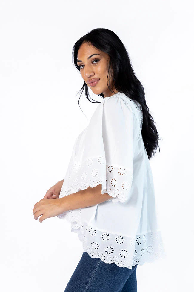 No Regrets Ivory Eyelet Detail Popover Short Sleeve Blouse