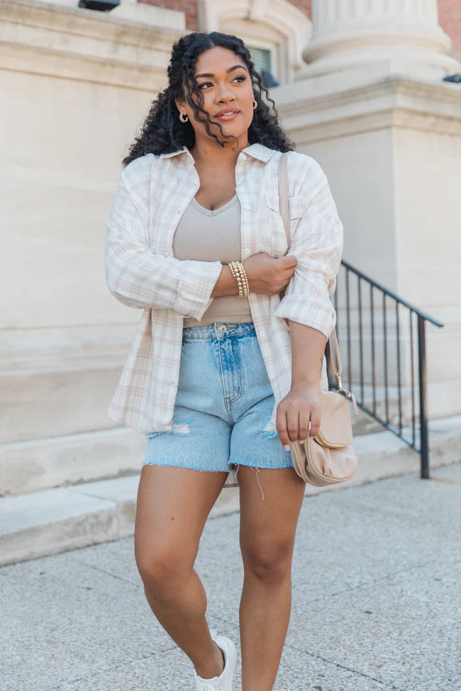 Made Me Realize Ivory And Tan Plaid Oversized Button Front Shirt