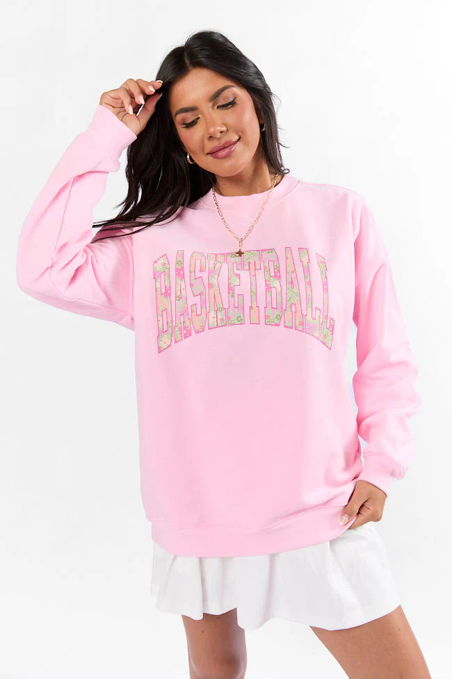 Basketball Printed Block Light Pink Oversized Graphic Sweatshirt