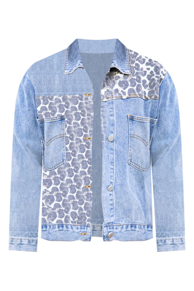 Head For The Next Town Leopard Print Medium Wash Denim Jacket FINAL SALE