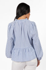 Fade Into You Blue Stripe Notched Neckline Button Detail Peplum Blouse