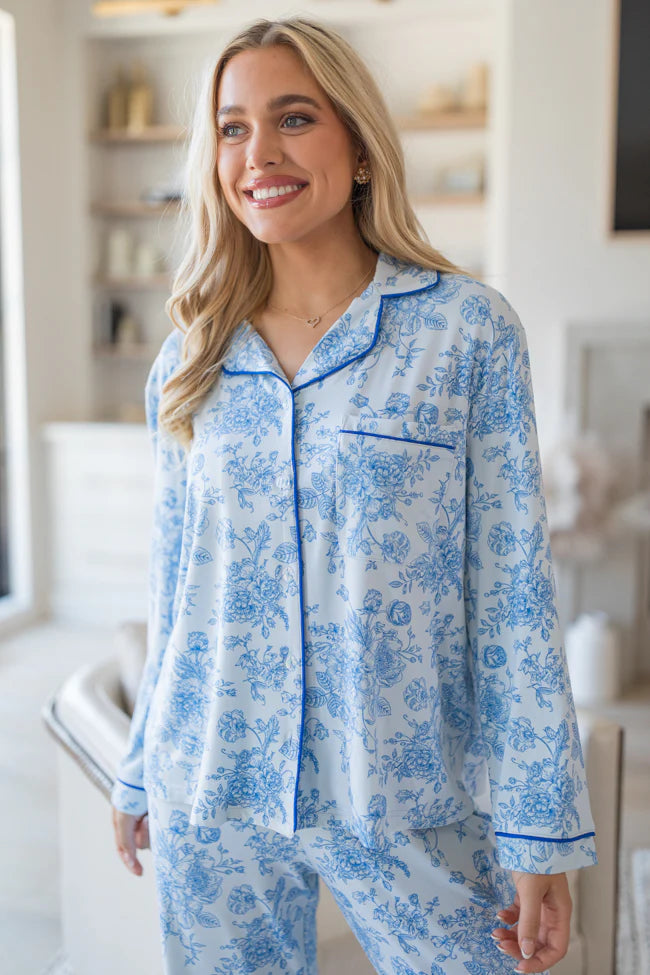 Under The Stars In Blue Floral Fantasy Long Sleeve Bamboo Pajama Top