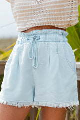 Finally Here Light Wash Chambray Frayed Hem Shorts SALE