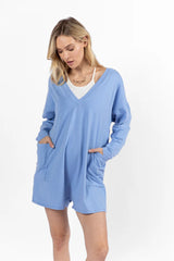 On A Daily Basis Indigo Deep V-Neck Pocketed Long Sleeve Romper