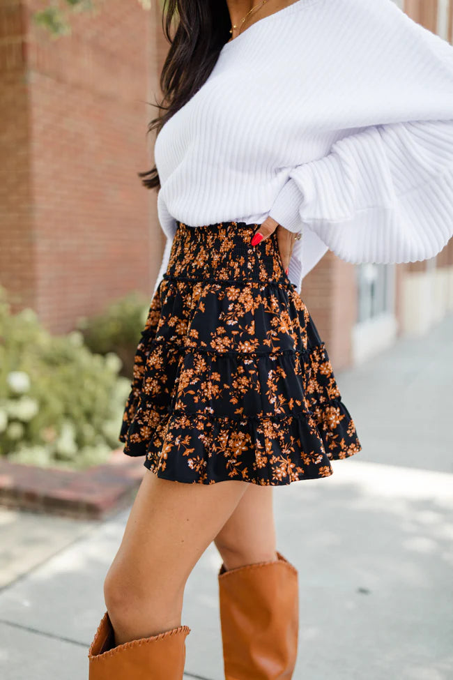 Through The Garden Black And Tan Floral Mini Skort