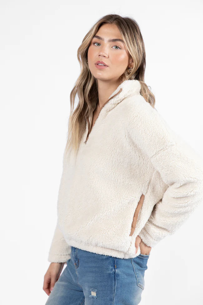 Stay Here Beige Contrast Trim Sherpa Pullover FINAL SALE