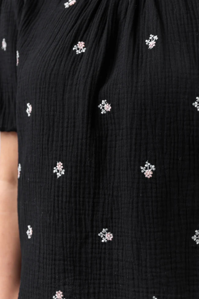 Endless Charm Black Floral Embroidered Gauze Blouse