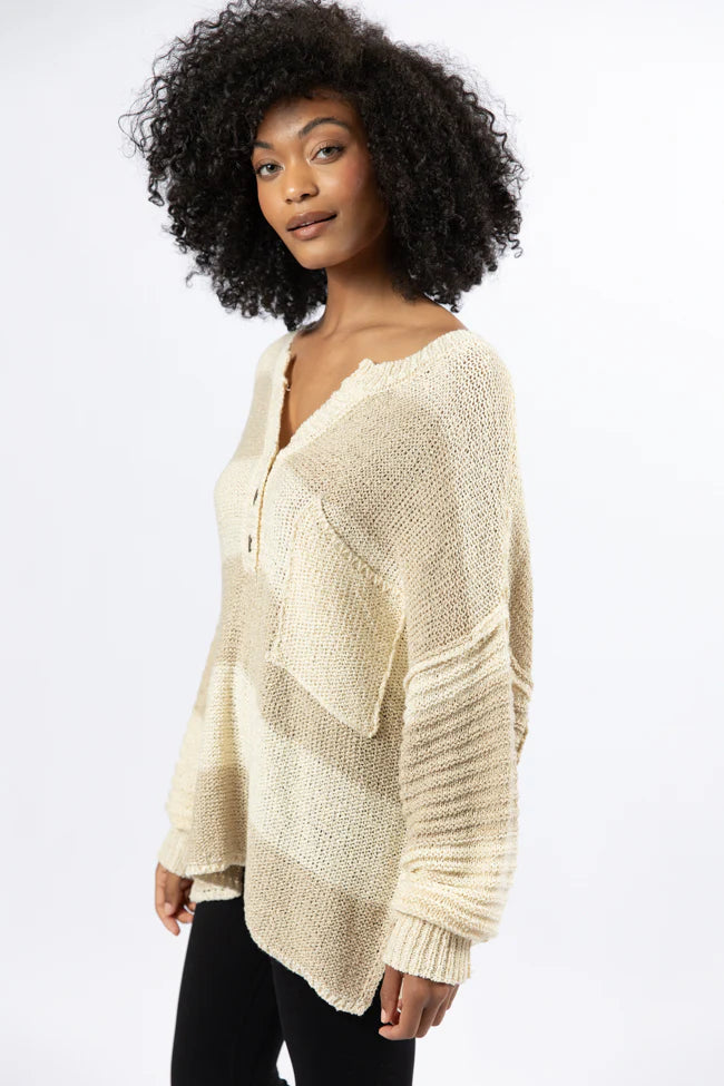 Know You Best Beige Oversized Striped Henley Sweater