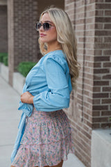 Per Diem Light Wash Chambray Wrap Blouse SALE