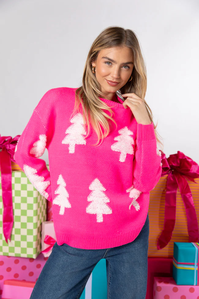 Under The Mistletoe Pink And Cream Christmas Tree Sweater FINAL SALE