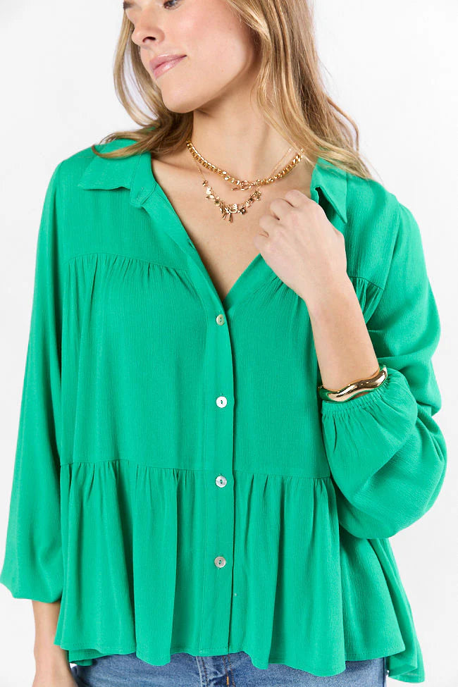 Something Good Green Tiered Relaxed Button Down Blouse