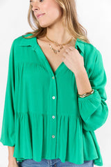 Something Good Green Tiered Relaxed Button Down Blouse