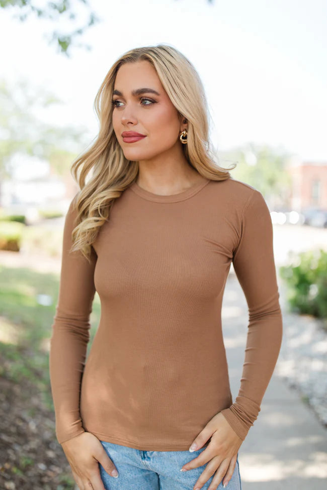 Make Your Choice Brown Ribbed Long Sleeve Tee