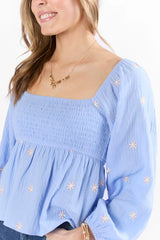 Darling Days Blue Floral Embroidered Gauze Top