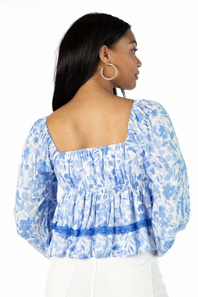 In My Dreams Blue Lace Trim Floral Blouse