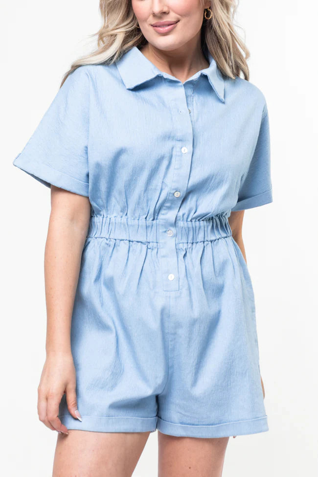 Walk With Me Blue Solid Chambray Romper