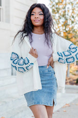 Be Better Ivory and Blue Crochet Sleeve Hooded Cardigan FINAL SALE