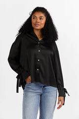 Think It Through Black Bow Cuff Satin Button Down Shirt